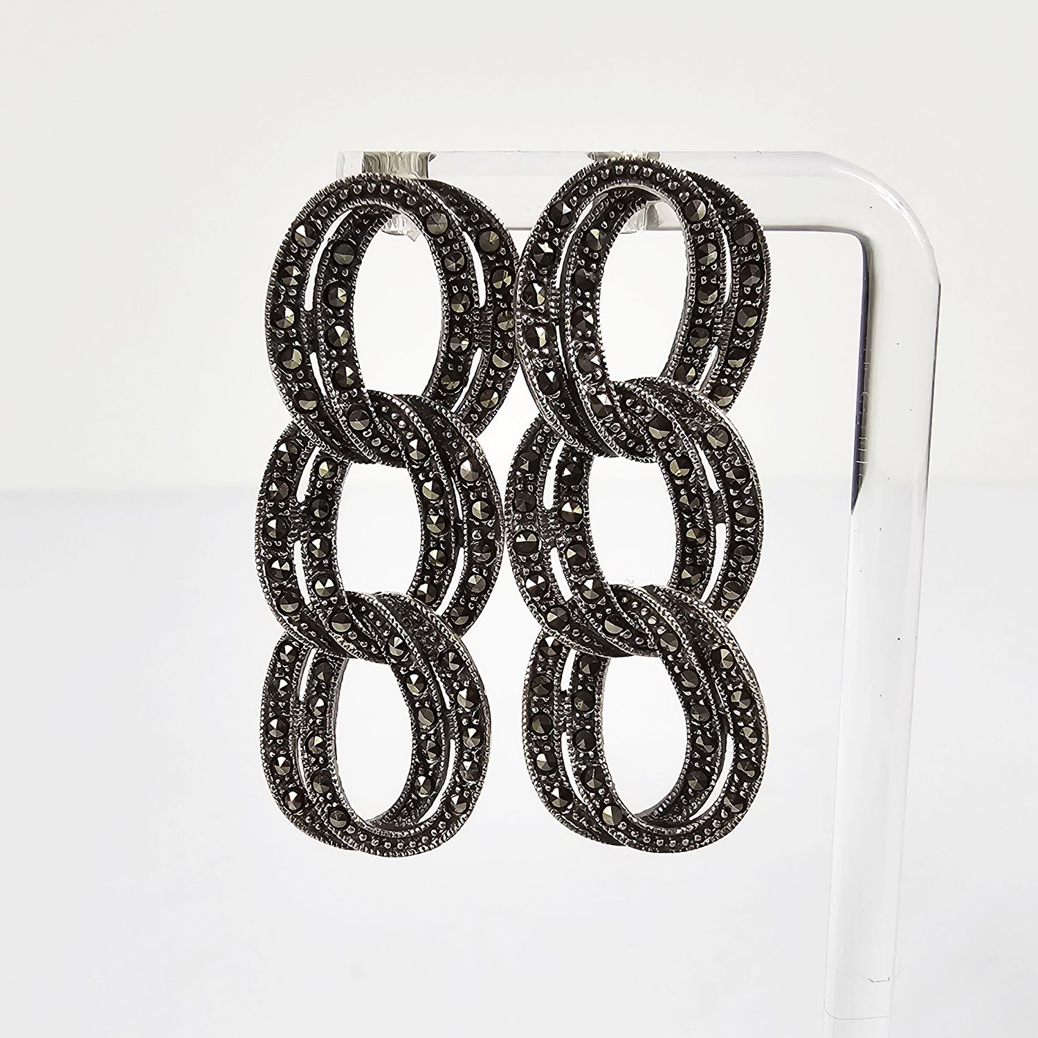 Vintage Sterling Silver Chain Link Style Marcasite Earrings